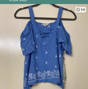 Blue Embroidered Floral Cold Shoulder Blouse - Iris